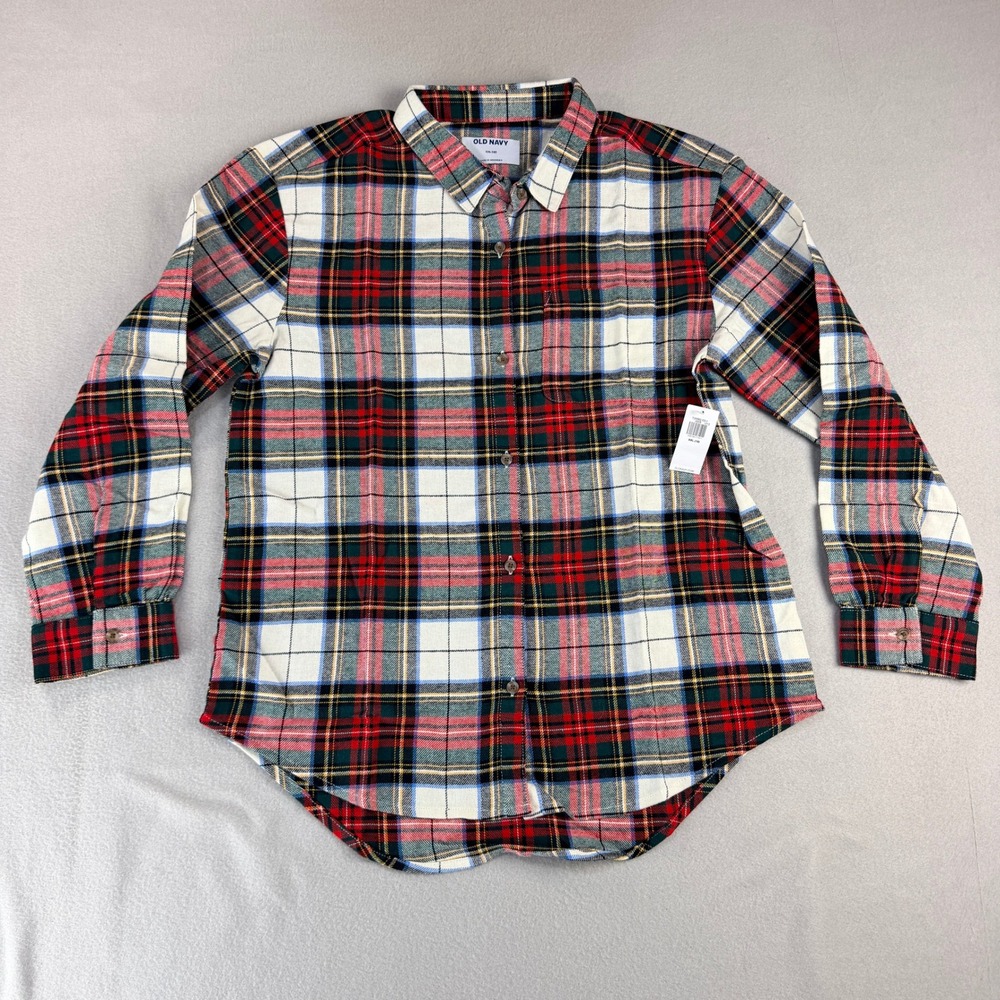 Old Navy Boys Sz 18 XXL Plaid Flannel Shirt Long Sleeve Button Down Red White